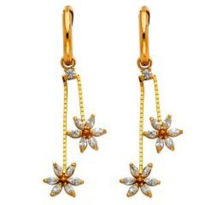 14K Yellow Gold CZ Hanging Huggies Flower Earrings